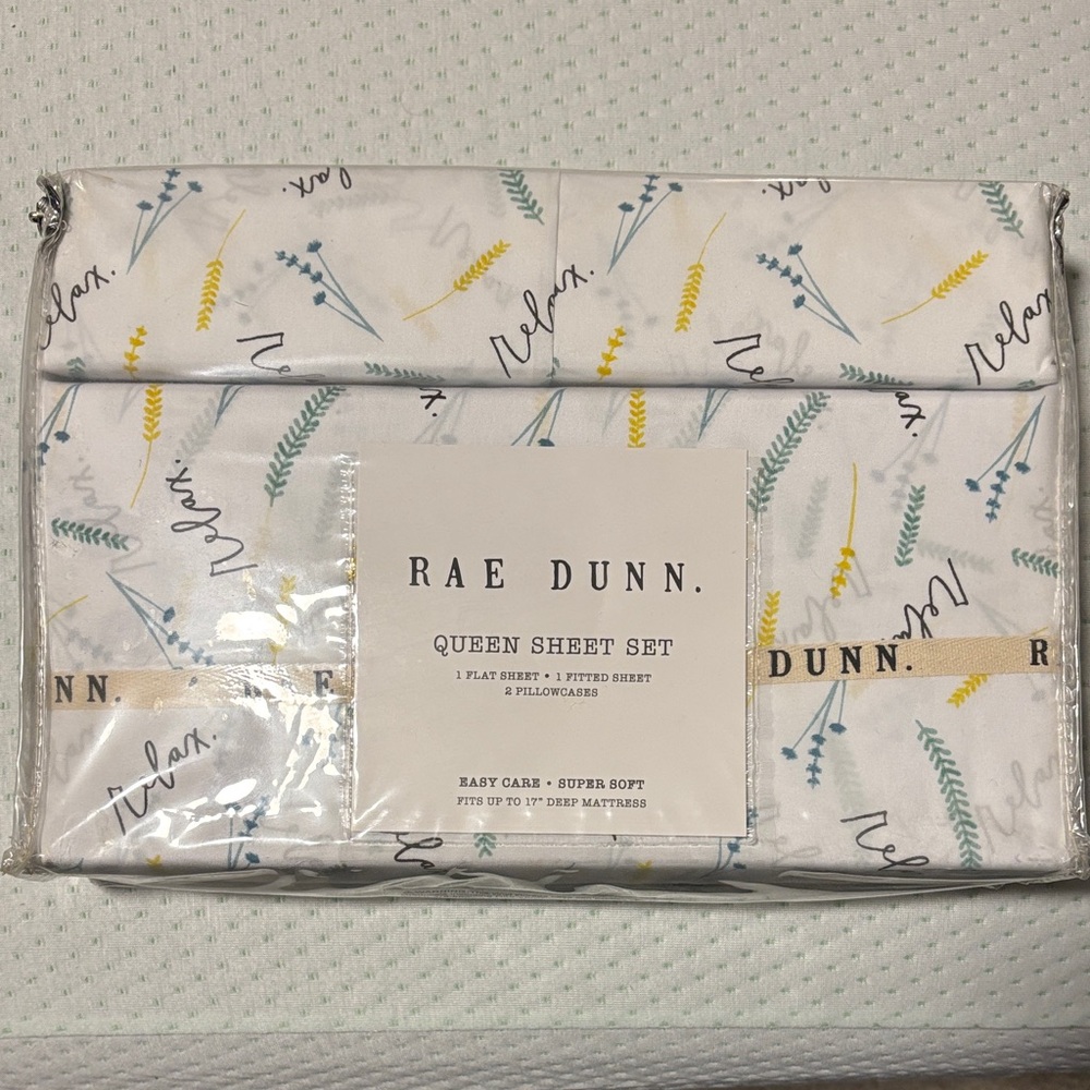 Rae Dunn White Sheet Set with Blue, Yellow, Green Accents